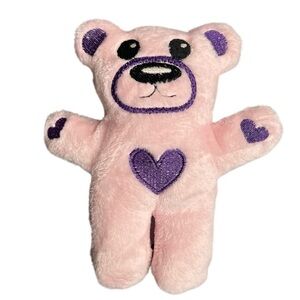 Hand Crafted Little Teddy Bear Pink with Purple Embroidered Hearts Plush Bear